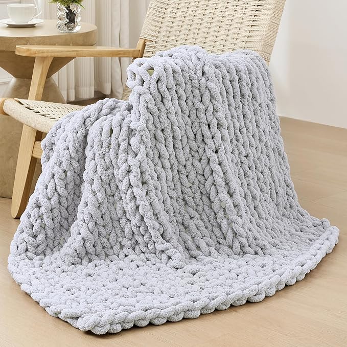 Bigacogo Chunky Knit Throw Blanket for Couch, 40x40 inches, 100% Hand Knitted with Thick Jumbo Chenille Yarn, Cozy Soft Large Rope Knot Cable Crochet Blankets for Sofa Bed Living Room, Light Grey