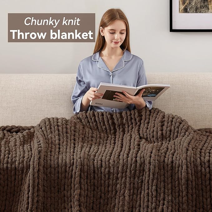 Chunky Knit Throw Blanket, 40''*50'' Knitted Throw Chenille Yarn for Bed Couch, Handmade Dark Brown Crochet Big Thick Blanket, Machine Washable Cute Comfy Blanket for Home Decor