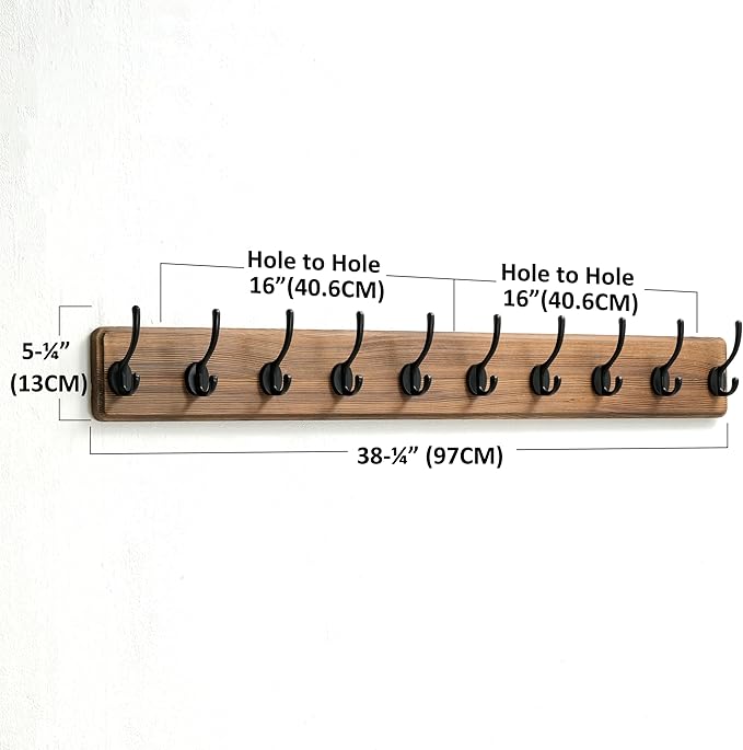Dseap Wall Mounted Coat Rack: 38-1/4" Long, Patented, Heavy-Duty, 10-Double-Hooks Wooden Hanger Rail for Winter Coats, Hat, Jacket, Clothing - Natural & Black
