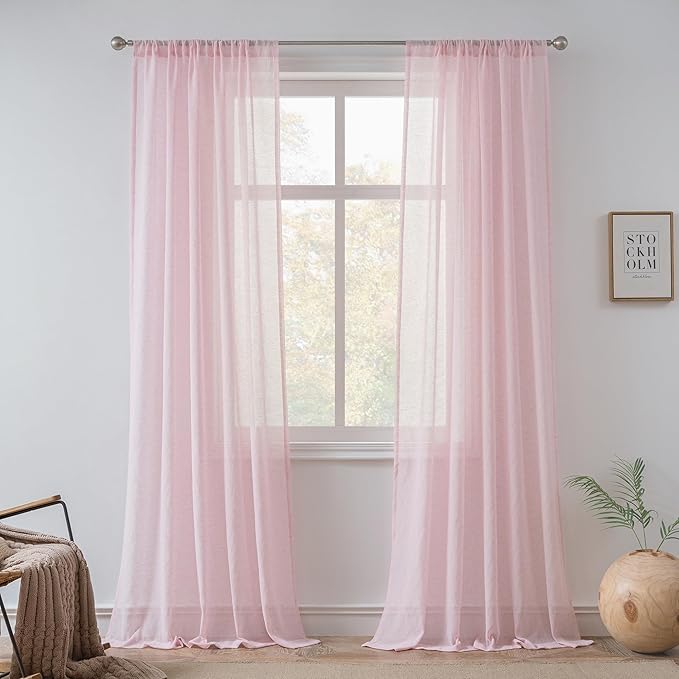 FMFUNCTEX Linen Sheer Curtains for Bedroom, Pink Curtains 63 Inch Length for Living Room, Blush Pink Farmhouse French Flax Blend Window Draperies, Rod Pocket 2 Panels Set