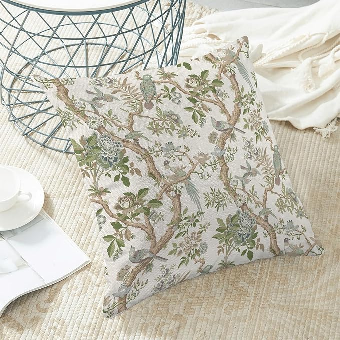 CXMEIFLY Chinoiserie Spring Pillow Covers 18 x 18 Inch Set of 2 for Sage Green Blue Vintage Flowers Bird Decor Throw Pillows Plant Farmhouse Outdoor Decorative Cushion Cases for Couch Bed Decorations