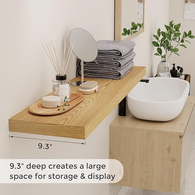 40 Inch Floating Shelvese, 40" W x 9" D Floating Shelf Set of 2, Farmhouse Wood Wall Shelves for Bedroom, Kitchen, Wall Mounted Deep Shelving for Home Decor, Oak Color