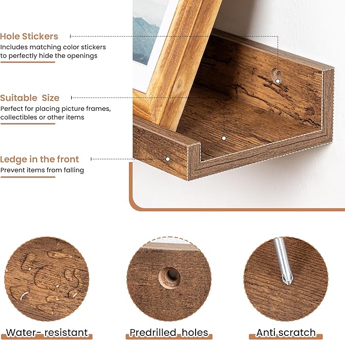 Fun Memories Picture Ledge Shelves Set of 2, 36 Inch Rustic Wall Mounted Floating Shelves with Lip for Home Storage and Décor in Bathroom, Kitchen, Nursery, Bedroom, Living Room, Brown