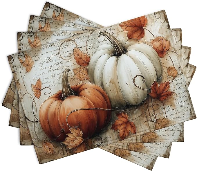 Fall Vintage Pumpkin Leaves Placemats Set of 4 Autumn Thanksgiving Harvest Linen Dinner Place Mats 12x18 Burnt Orange and White Rustic Farmhouse Decorative Kitchen Table Mats