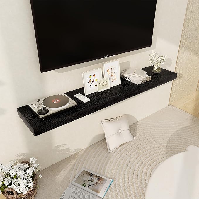 Black Floating Shelves 55 Inch Long, 12 Inch Deep Floating Shelves for Wall, 55 x 9 Large Floating Shelf for Fireplace Mantel, 2" Thicked Wall Shelves for Living Room, Bedroom Storage, 1 Pack