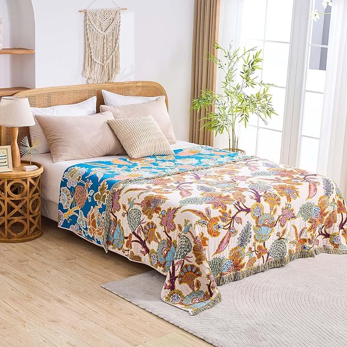 Boho Throw Blanket for Bed, 100% Cotton Soft Rustic Quilt Fall Blanket, 80"x90" Floral Printed Farmhouse Decor Bed Blankets, All Season Rustic Reversible Bohemian Throw Quilt