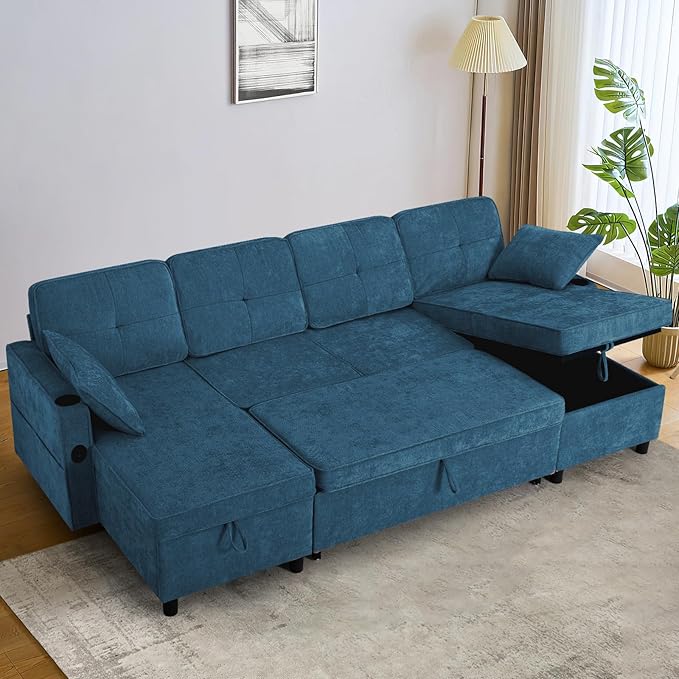 110 Inches Chenille Sectional Sofa w/Pull Out Sofa Bed & Adjustable Back, Tufted U Shaped Couch w/Two Storage Chaises, Sleeper Sectional Sofa w/USB Port & Cup Holders for Living Room, Blue