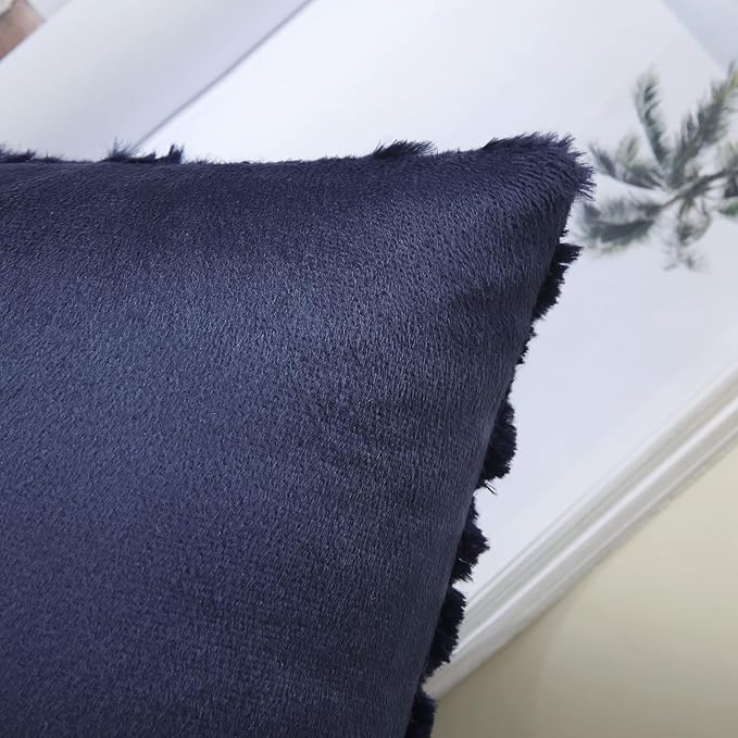 decorUhome Fall Throw Pillow Covers 20x20 Inch Set of 2, Soft Plush Decorative Faux Fur Navy Blue Solid Couch Pillow Covers, Accent Farmhouse Neutral Square Euro Pillow Cases for Sofa Bed Living Room