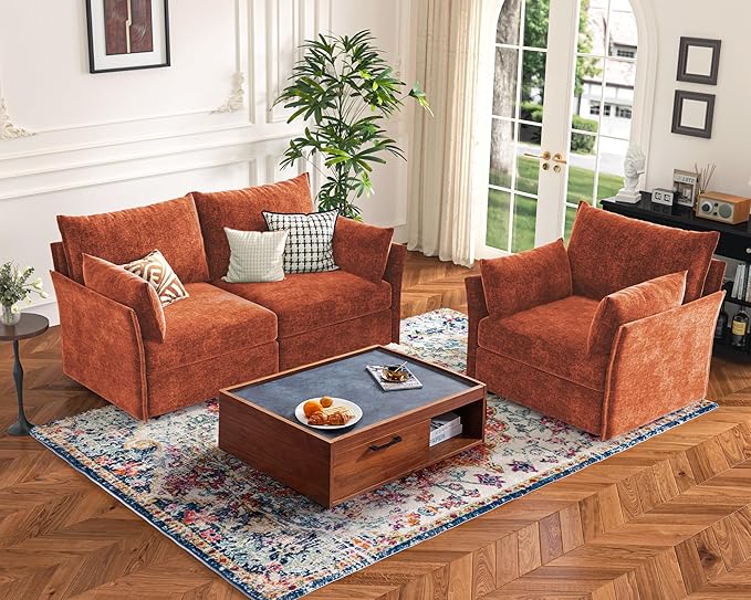 135.5" Oversized Modular Sectional Sofa, L Shaped Convertible Couch with Movable Ottoman, Large 6 Seat Corner Couches for Living Room Deep Seat Terracotta Orange Chenille