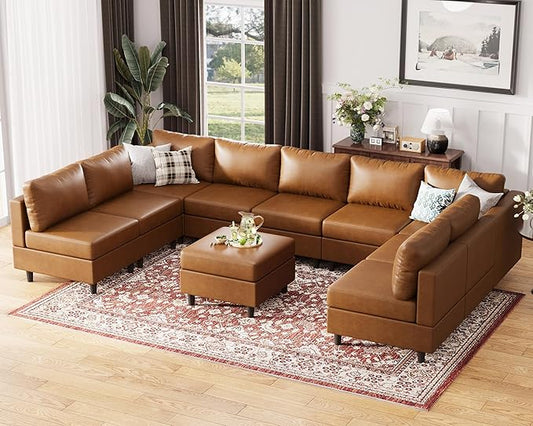 ABCASA Oversized 145.5" Faux Leather Modular Sectional Sofa, Modern Large 10 Seater U Shaped Couch with Storage Seat with Reversible Chaise Deep Seat for Living Room DIY Combination - Brown