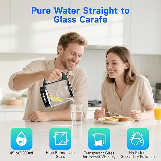 Ecoviva Countertop Reverse Osmosis Water Filter, 6 Stage RO Water Filtration System with Glass Carafe, TDS Displayr, 3:1 Pure to Drain, Portable No Installation Water Purifier Black