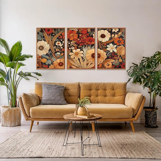 Aurlan Boho Burnt Orange Terracotta Wildflowers Framed Wall Art(16"x24"), 3 PCS Abstract Floral 3D Textured Canvas Artwork, Large Modern Vintage Botanical Nature Art Wall Decor for Home Office Living Room Bedroom