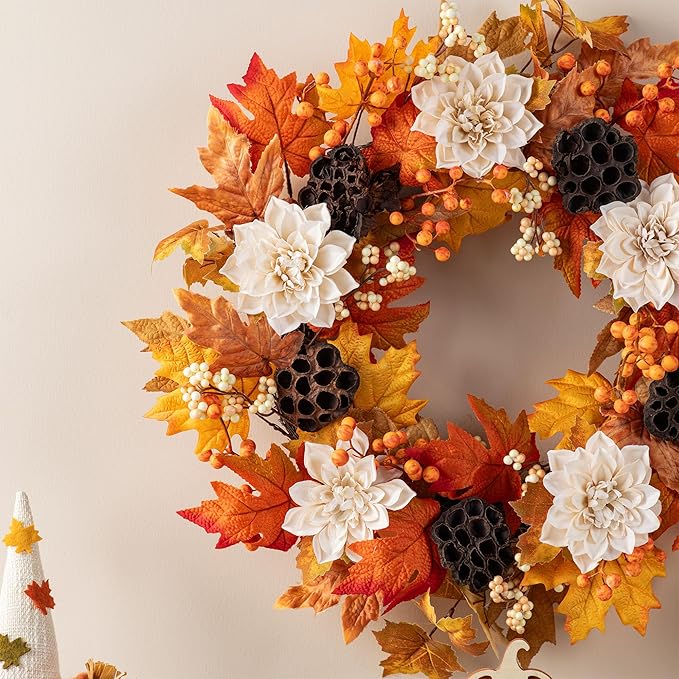 Glitzhome 24" D Fall Sorghum Wreath with Metal Hanger, Harvest Wreath for Front Door, Fall Door Wreaths for Indoor Outdoor Thanksgiving Harvest Holiday Decorations
