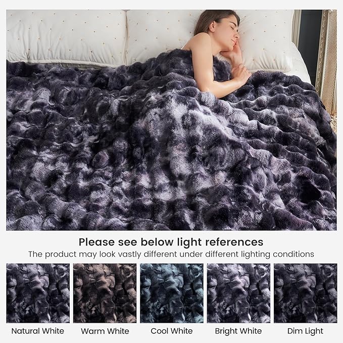 Cozy Bliss Faux Fur Throw Blanket for Couch, Fuzzy Soft Plush Thick Bubble Blanket for Sofa Bedroom Living Room, 108 * 90 Inches Tie Dye Black