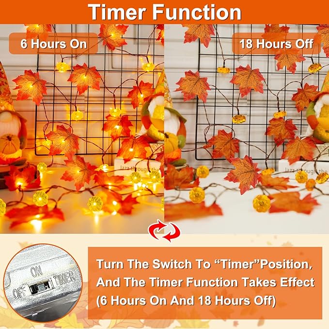 2 Pack & Timer - Fall Garland with Pumpkin Lights Halloween Fall Decor for Home 60LED 20Ft Enlarged Maples Leaves Halloween Garland Lights Indoor Battery Operated Thanksgiving Decor Wedding Christmas