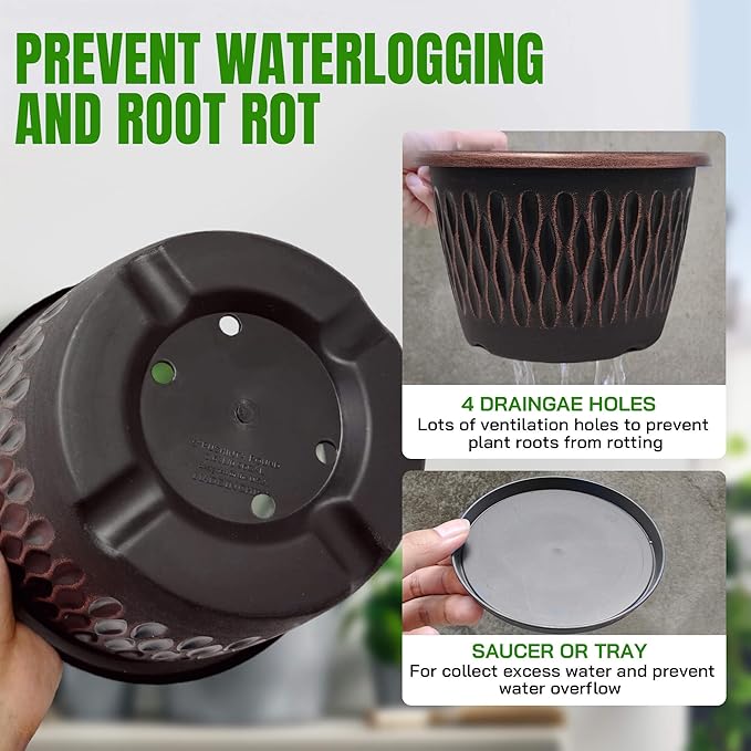 4 Pack 16 Inch Retro Plant Pots, Vintage Striped Flower Pots with Drainage Hole & Saucer, Large Plastic Planters for Indoor and Outdoor Plants, Decorative Garden Pots(Copper)