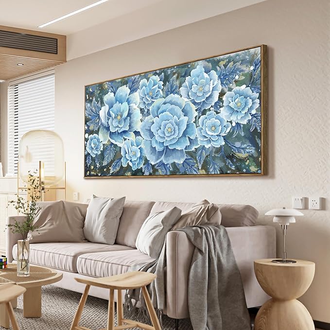 Extra Large Wall Art for Living Room, Framed Big Floral Blue Flower Canvas Print, Modern Oversized Blossom Peony Wall Picture Botanical Artwork for Dining Room Bedroom & Office Décor