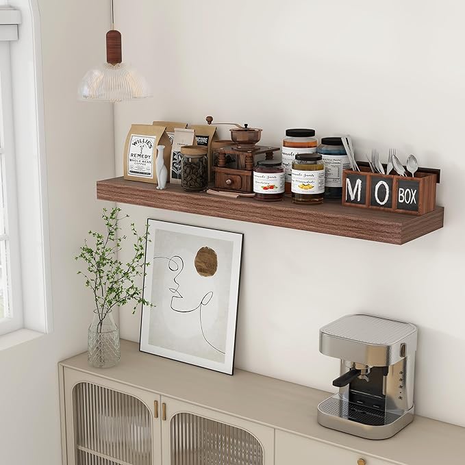 12 Inch Deep Floating Shelves, 48W x 12D Rustic Large Floating Shelves, Deep Walnut Wood Wall Shelves Set of 1 for Living Room Bathroom Laundry Room Bedroom Kitchen Home Office - Walnut