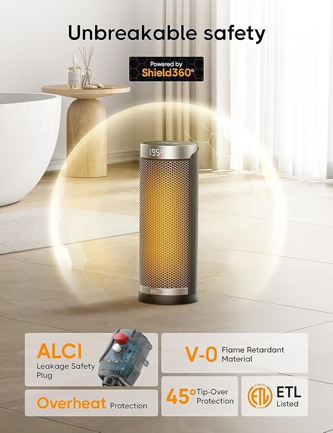Dreo Space Heater for Bathroom and Indoor, 70°Oscillating, 5 Modes, Remote for Home Bedroom, 12H Timer, with ALCI Safety Plug