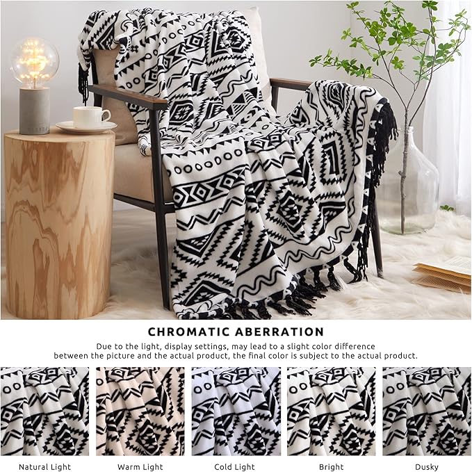 CASAAGUSTO Boho Throw Blanket - Black and White Decorative Blankets with Tassel, Printed Flannel Bohemian Blanket for Chair, Bed, Sofa, Couch(60 * 80, Black and White)