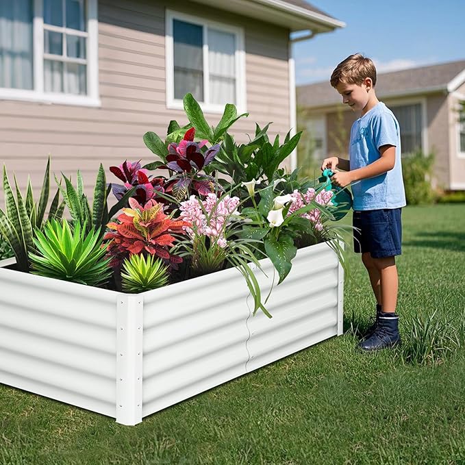 Galvanized Raised Garden Bed Outdoor, 2 Pcs 6x3x1.5FT Outdoor Large Planter Raised Beds Open Base with Safety Edge and Glove for Vegetables Flowers Ground Planter, White