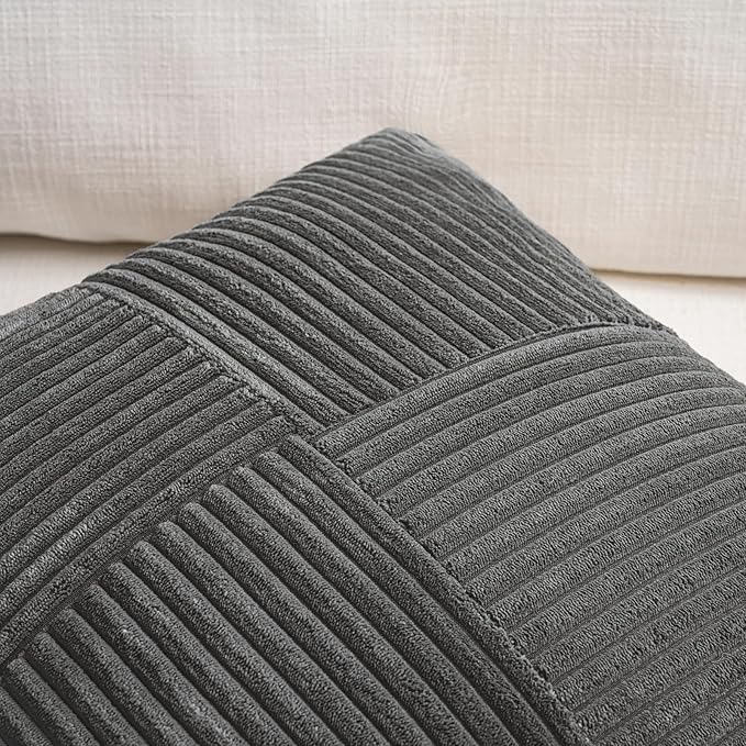 Fancy Homi 2 Packs Dark Gray Samll Decorative Throw Pillow Covers 14x14 Inch with for Couch Bed Sofa, Rustic Farmhouse Boho Home Decor, Soft Corss Patchwork Corduroy Square Cushion Case 35x35 cm