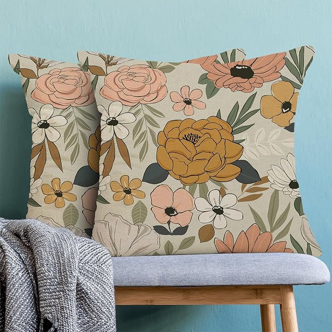 CXMEIFLY Spring Floral Pillow Covers 16 x 16 Inch Set of 2 for Vintage Mustard Yellow Pink Flowers Decor Throw Pillows Plant Cream Outdoor Decorative Cushion Cases for Couch Bed Decorations
