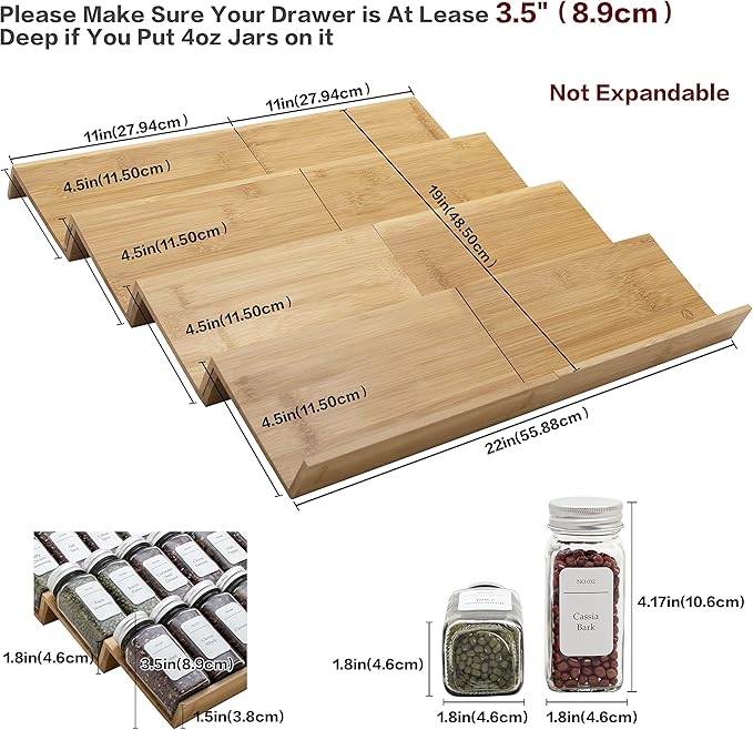 Bamboo Spice Rack Drawer Organizer - 8 Pieces Set- 11" Wide Per Piece - Combine Pieces Into 22" Wide Rack (11" or 22")