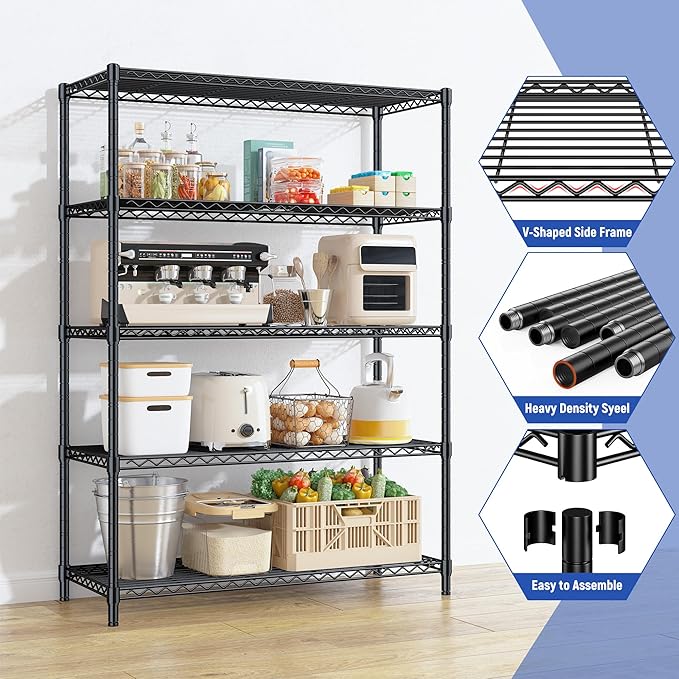 5 Tier Storage Shelves 71"H Wire Shelving Adjustable Metal Shelving,1000LBS Pantry Shelves Sturdy Steel Wire Shelf for Kitchen School Pantry Garage Warehouse ,71"H X35.5"W X13.8"D, Black,2P