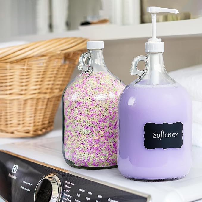 2 Pack Gallon Glass Pump Bottle Dispensers with 3 Pumps and 2 Airtight Lids, Laundry Soap Dispensers with 1 Funnel, Liquid Laundry Detergent Dispensers for Fabric Softener, Shampoo, Body Wash