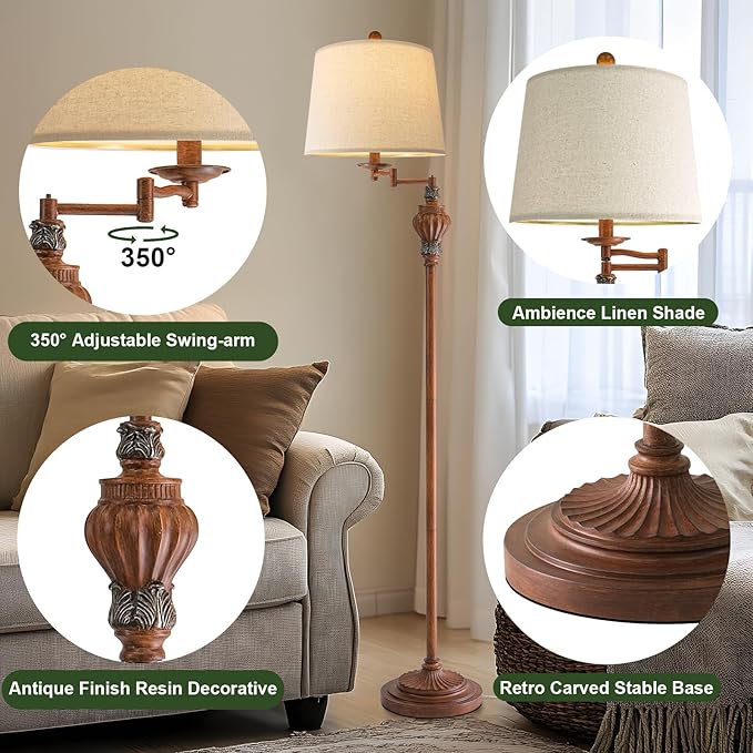 61" Vintage Floor Lamp with 350° Adjustable Swing Arm, Standing Lamp for Bedroom Living Room Bedside Tall lamp Nightstand Retro Farmhouse Mid Century Lamp Light Home Décor Office Gifts