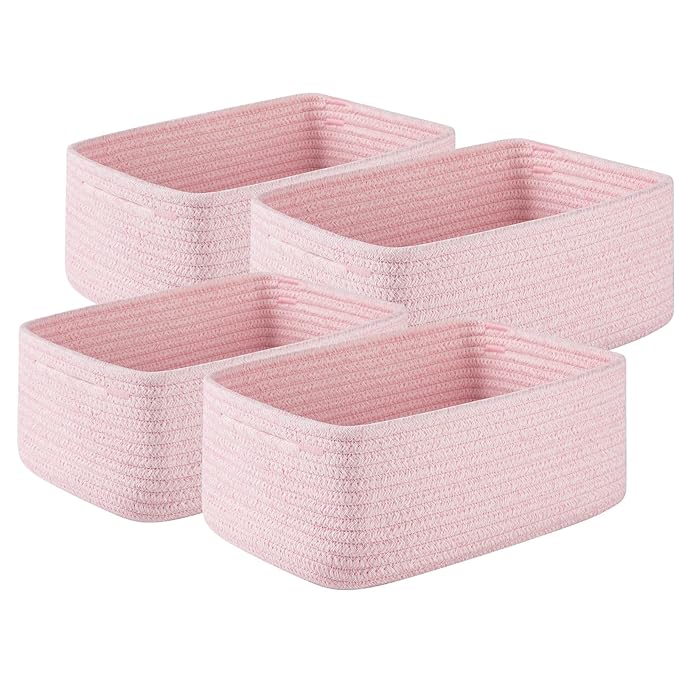 4 Pack Small Storage Shelf Baskets for Organizing, Mini Woven Rope Storage Bins for Towels, Cute Decorative Closet Organizer，Baby Nursery, Gift Empty Baskets -11.81''Lx7.87''Wx4.72''H-Pink