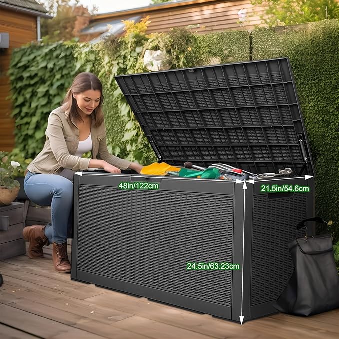100 Gallon Outdoor Deck Box,Storage Lockable Waterproof Patio Furniture,Garden Tools,Cushions,Pool Accessories Outside Storage Resin Box(Black)