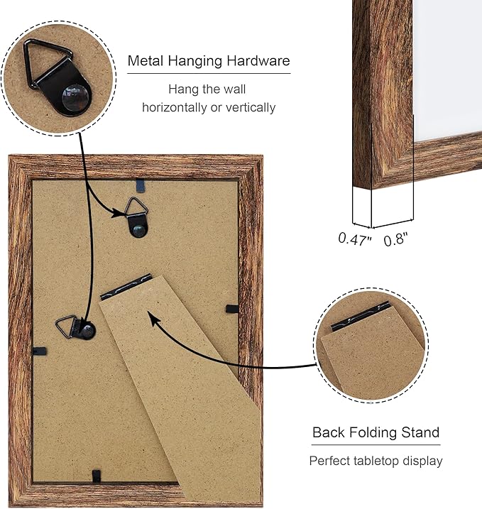 4x6 Picture Frame Set of 4, 4 x 6 Wood Photo Frames with Mat for 3.5x5, Natural Wooden Frame with Real Glass Cover for Wall and Tabletop Display,Rustic Brown