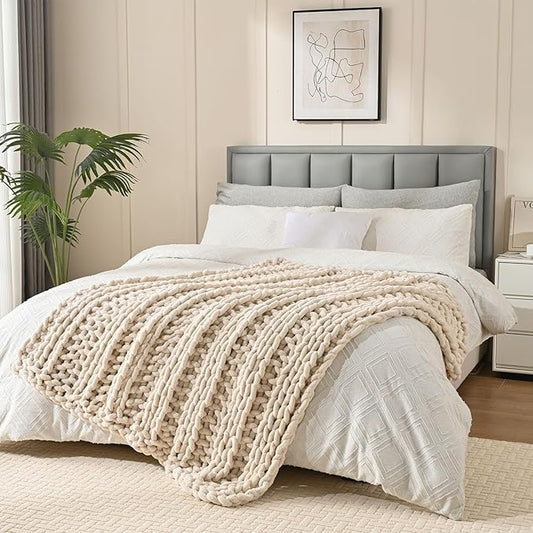 Esterra Chunky Knit Blanket Throw, 100% Handmade Chenille Throw Blanket 40"x50", Soft Thick Yarn Cable Knit Crochet Throw Blanket Rope Knot Throw for Couch Bed Sofa, Apricot White