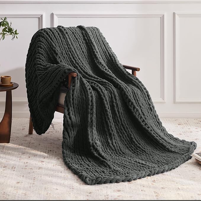 Chunky Knit Throw Blanket, 50''*60'' Knitted Throw Chenille Yarn for Bed Couch, Handmade Dark Grey Crochet Big Thick Blanket, Machine Washable Cute Comfy Blanket for Home Decor