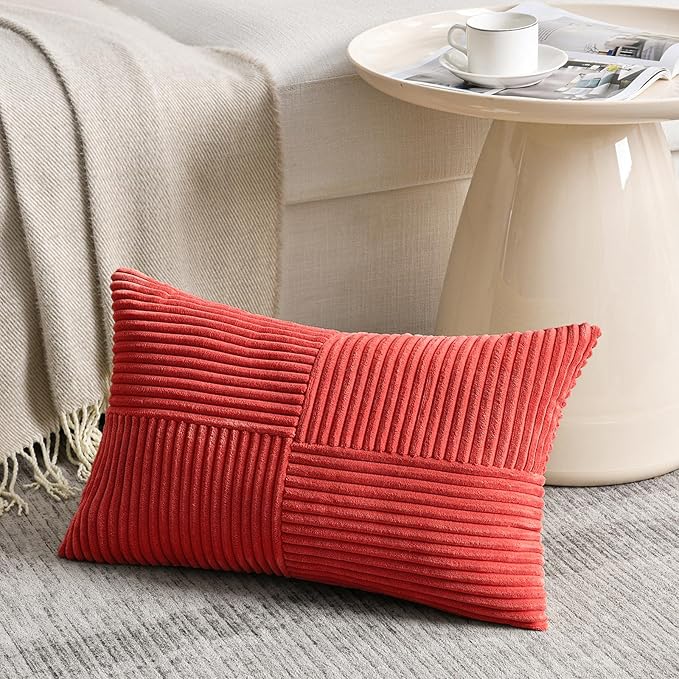 Fancy Homi 2 Packs Red Long Lumbar Decorative Throw Pillow Covers 12x24 Inch for Couch Bed Sofa, Holiday Christmas Home Decor Gift, Soft Striped Corduroy Rectangle Accent Cushion Case 30x60 cm