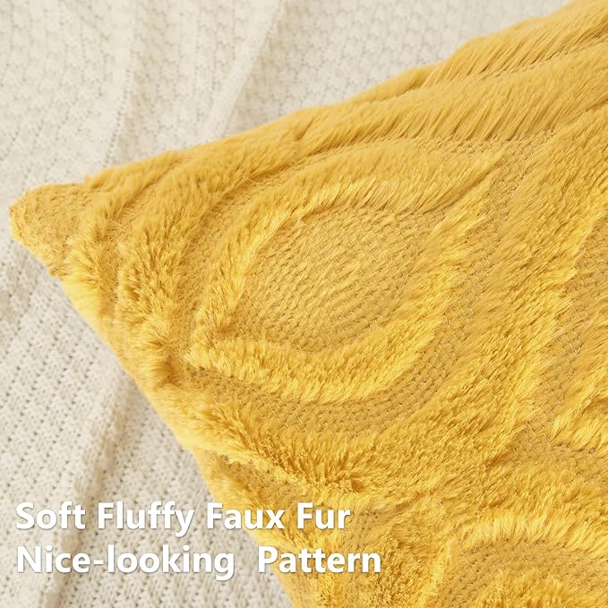decorUhome Throw Pillow Covers 26x26 Inch Set of 2, Soft Plush Decorative Faux Fur Mustard Yellow Solid Couch Pillow Covers, Accent Farmhouse Neutral Square Euro Pillow Cases for Sofa Bed Living Room