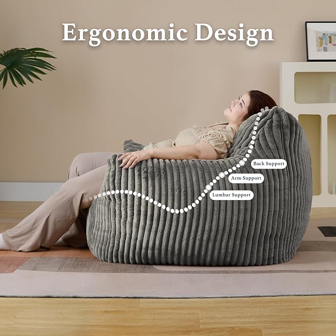 Giant Plush Bean Bag Chair for Adults with Armrests - Oversized Comfy Light Grey Beanbag Lounge Lazy Floor Sofa Accent Chair for Living Room, Bedroom & Dorm, Cozy Fluffy Single Cloud Mini Couch