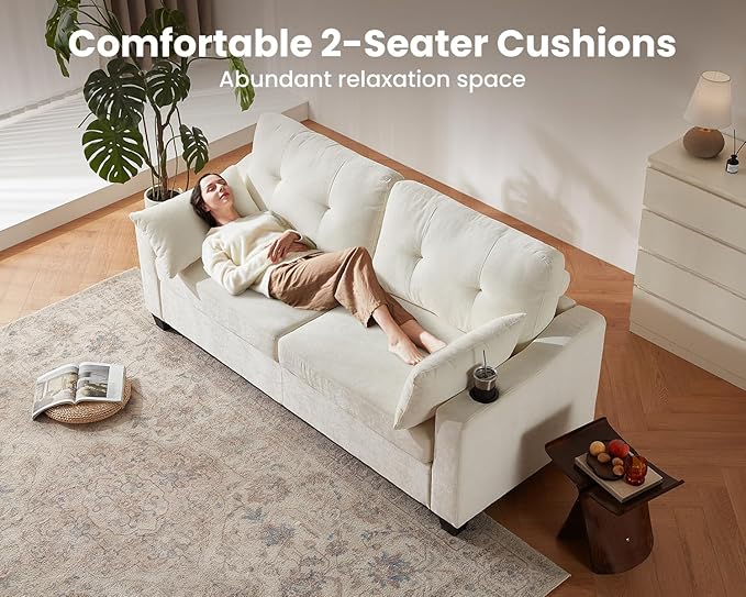 CHIC HOUSE Pull Out Sofa Bed, Full Size Sleeper Sofa, 2-in-1 Convertible Chenille Couch with USB Charging, Memory Form Corduroy Couch for Living Room, Apartment & Small Space (Beige, Chenille - Queen)