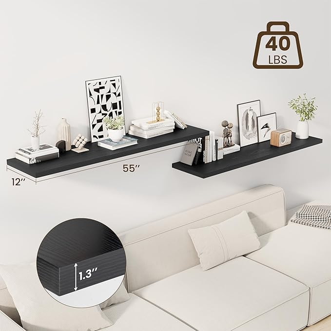 55" Floating Shelves for Wall, 12" Deep Slim Black Floating Shelves, Wall-Mounted Shelves for Bedroom, Living Room, Kitchen, Bathroom - Set of 2