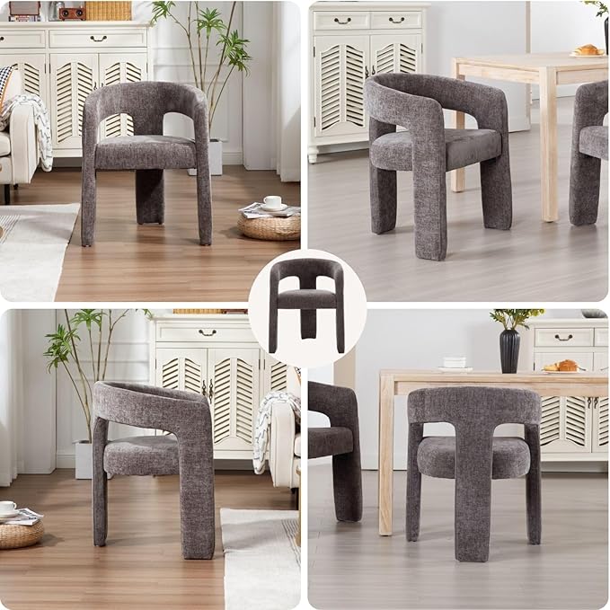 Charcoal Grey Chenille Dining Chairs Set of 6, Modern Barrel Dining Room Chairs Upholstered Accent Chair with Arms and Round Back for Living Room Kitchen Armchair No Assembly Needed