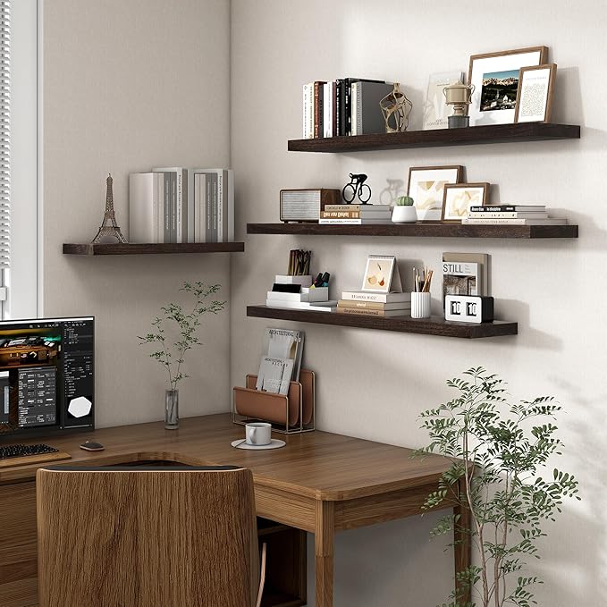 Axeman Floating Shelves for Wall - 32''W x 8'' D Rustic Solid Elm Wood Shelves for Storage, Wall Mounted Display Shelving with Invisible Heavy-Duty Metal Bracket (Walnut, 2PCs)