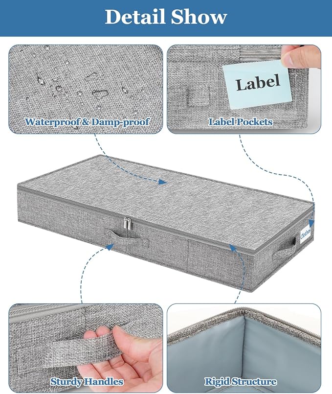 Cirhy Under Bed Storage Containers, 4.5 Inch Tall Low Profile Under Bed Storage with Sturdy Sidewalls & Bottom, UnderBed Storage for Clothes,Shoes, Pillow, Blankets Organizer, 2 Pack Grey