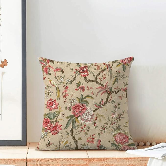 CXMEIFLY Spring Floral Birds Pillow Covers 18 x 18 Inch Set of 2 for Chinoiserie Flowers Decor Throw Pillows Pink Red Plant Outdoor Decorative Cushion Cases for Couch Bed Decorations