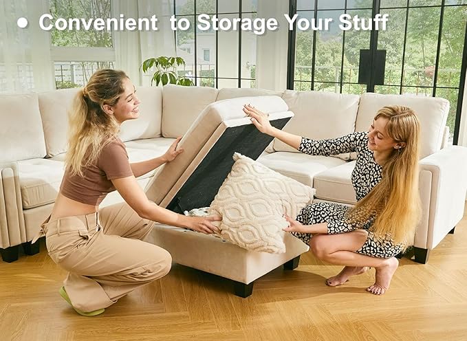 Belffin Modular Sectional Sleeper Sofa with Pull Out Bed U Shaped Sectional Sofa Couch with Storage Ottoman Velvet Covertible 7-Seater Sofa for Living Room Beige