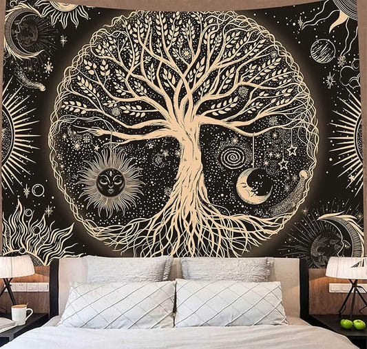 FORATER Tree of Life Tapestry Wall Hanging Sun Moon Stars Tapestries Aesthetic Galaxy Wall Tapestry Nature Home Decoration for Living Room Bedroom(53 x 61 Inch, Black and Gold)