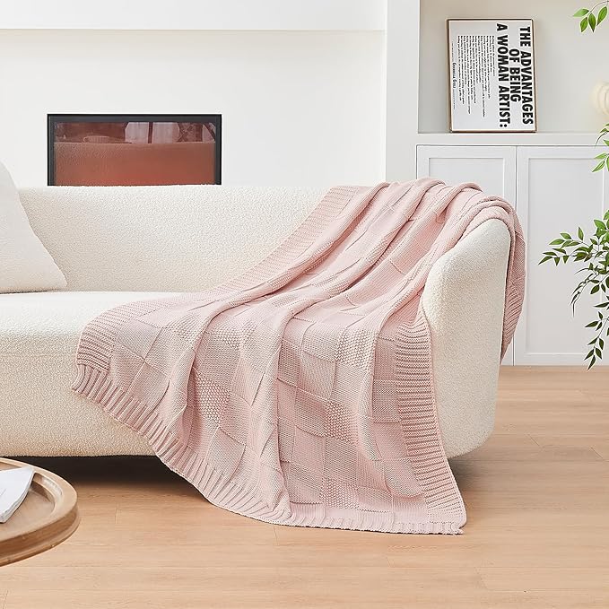 CozeCube Check Knit Throw Blanket, Pink Checkered Throw for Couch, Decorative Christmas Soft Cozy Warm Knitted Blanket for Bed Sofa Living Room, 50"X60"