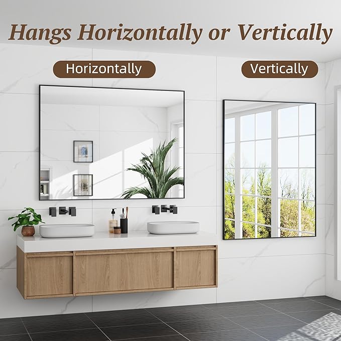 Bathroom Mirror 48" x 36", Large Rectangle Wall Mirror, Black Metal Frame Wall Mounted Mirrors for Bathroom, Vanity, Bedroom, Entryway Decor(Horizontal/Vertical)