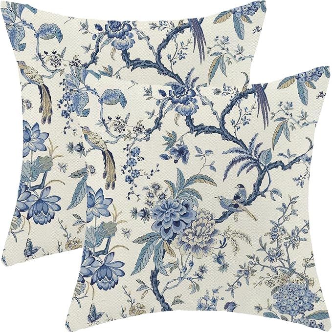 CXMEIFLY Spring Floral Birds Pillow Covers 24 x 24 Inch Set of 2 for Chinoiserie Flowers Decor Throw Pillows Blue and White Plant Outdoor Decorative Cushion Cases for Couch Bed Decorations
